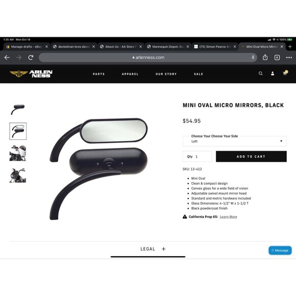 Arlen Ness Motorcycle Oval Micro Mirror Left Side Rear View Chrome - Picture 4 of 6